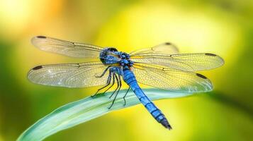 A striking blue dragonfly delicately perched upon a green leaf photo