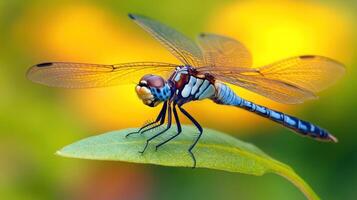 A close up image of a beautiful dragonfly resting on a leaf photo