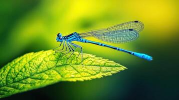 A vibrant blue dragonfly resting upon a verdant green leaf photo