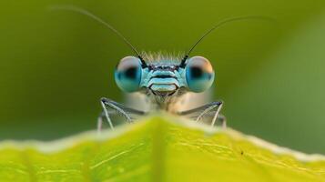 A close up image showing a damselfly looking towards the viewer photo