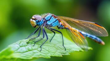 A beautiful close up image of a colorful dragonfly resting photo