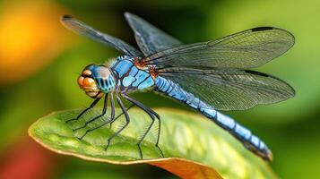 A detailed close up of a beautiful blue dragonfly creature photo