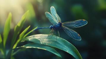 A vibrant dragonfly resting on a lush green leaf gracefully photo