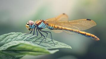 A beautiful dragonfly with intricate wings resting on a green leaf photo
