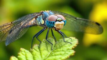A macro photograph features a brightly colored dragonfly on a green leaf photo