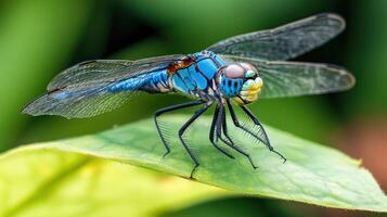 A stunning macro shot captures a blue dragonfly on green leaves photo