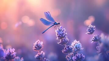 A beautiful dragonfly resting on a vibrant purple flower bud photo