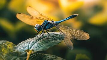 A beautiful blue dragonfly is resting on a large green leaf photo