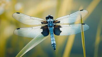 A close up image shows a dragonfly on a blade of grass photo