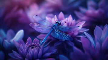 A beautiful blue dragonfly is resting on purple flower petals photo