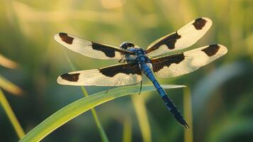 A dragonfly with black markings rests on a blade of grass photo