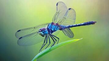 A magnificent dragonfly resting gently on a vibrant green leaf photo