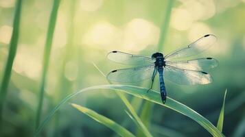 A close up photograph of a resting blue dragonfly on grass photo