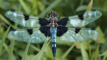 A detailed top down close up of a colorful dragonfly photo
