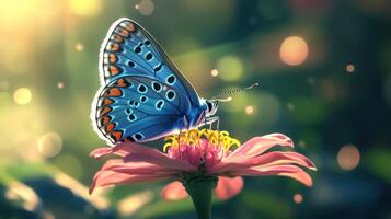 A beautiful butterfly resting gently on a vibrant pink flower blossom photo