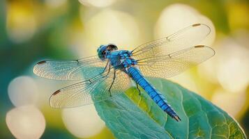 A beautiful blue dragonfly resting on a green leaf photo