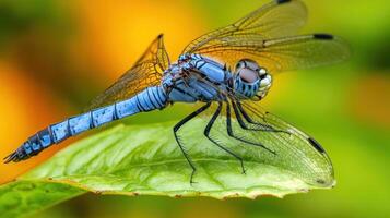 A Colorful Close Up Photograph of a Blue Dragonfly Resting photo