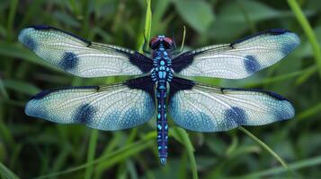 A colorful dragonfly displaying its wings over a green background photo