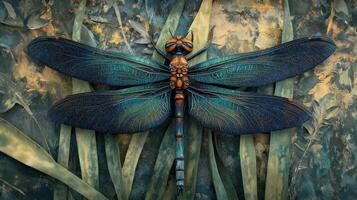 A Detailed Artistic Representation of a Dragonfly in a Natural Setting photo