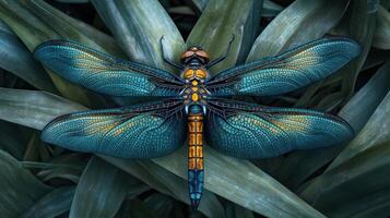 A detailed view of a colorful dragonfly on green plant leaves photo