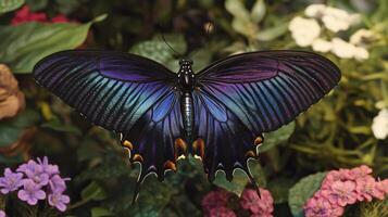A beautifully colored butterfly is perfectly displayed against flowers photo
