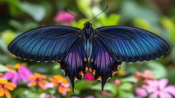 A beautiful butterfly displaying its wings against a colorful background of flowers photo