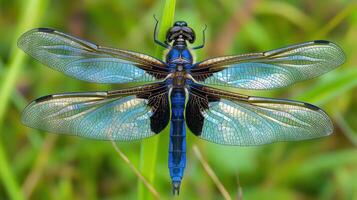 A close up detailed photo shows a blue dragonfly insect