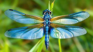 A close up view of a colorful blue dragonfly image photo