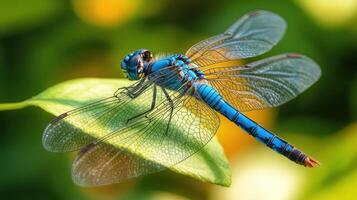 A beautiful blue dragonfly rests on a vibrant green leaf photo