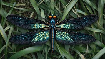 A detailed rendering of a magnificent dragonfly rests on green grass photo
