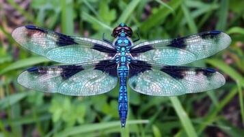 A detailed photograph showing a beautifully detailed dragonfly insect photo