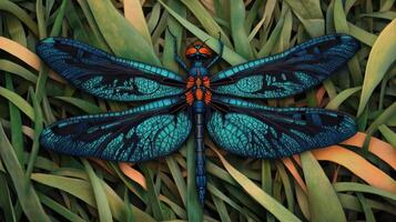 An artistic illustration depicting a beautiful dragonfly resting in grassy foliage photo