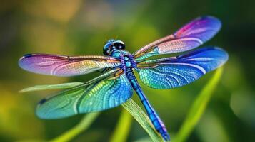 A Close Up Picture of a Colorful Dragonfly Insect photo