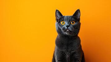 A gray domestic cat gazing with focused attention towards the camera photo