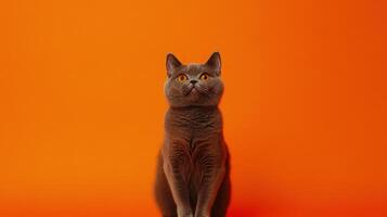 A gray cat posing in front of an orange background photo