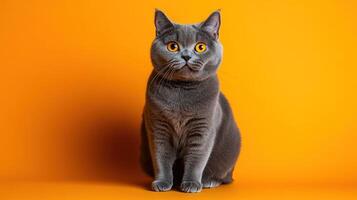 A beautiful gray cat is sitting on a bright orange backdrop photo