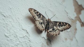 A beautiful moth with patterned wings perched on a white surface photo