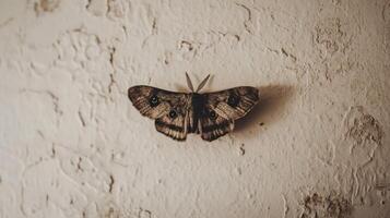 A moth resting on a textured beige wall surface with detail photo