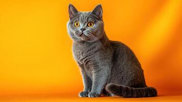A captivating grey cat is sitting and looking attentively forward photo