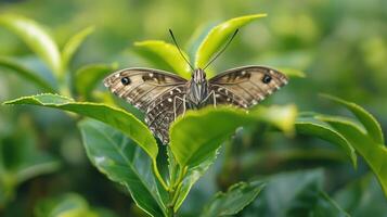 A detailed image of a butterfly resting on some green leaves photo
