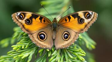 A vibrant butterfly with colorful wings rests on green foliage photo