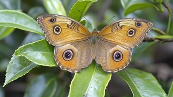 A detailed photograph shows a butterfly resting on a green leaf photo