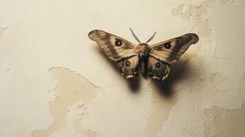 A large moth rests peacefully on a textured off white surface photo
