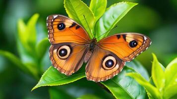 A colorful butterfly resting on bright green leaves outdoors today photo