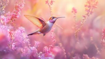 A beautiful hummingbird flying amongst bright and colorful pink flowers photo