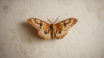A beautiful moth with patterned wings rests on a wall photo