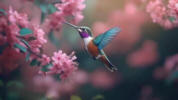 A colorful hummingbird hovering near pink flowers in the springtime photo