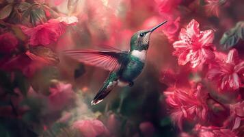 A hummingbird is shown hovering near vibrant blossoming flowers photo