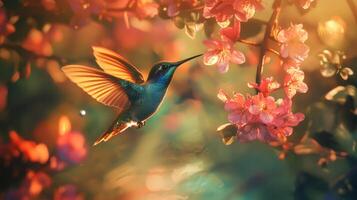 A tiny hummingbird gracefully approaches a flowering branch in sunlight photo