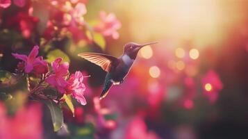 A Tiny Hummingbird Flies Among Beautiful Pink Flowering Plants photo